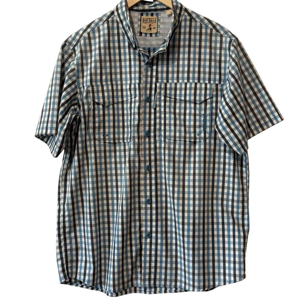 Redhead Short Sleeve Vented‎ Shirt Size Large Blue White Black Plaid